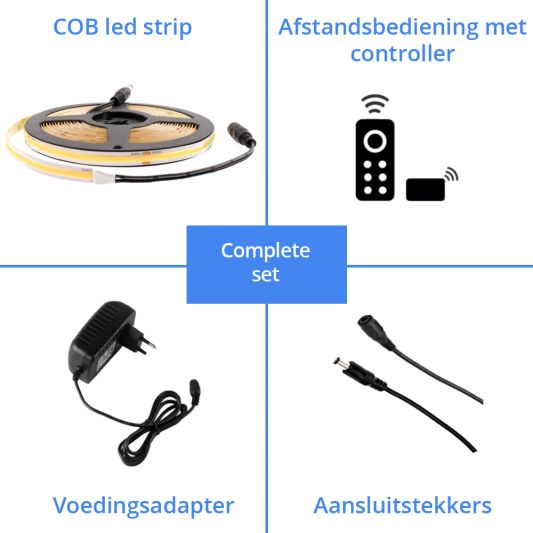 1 meter Helder Wit led strip COB met 384 leds per meter - complete set