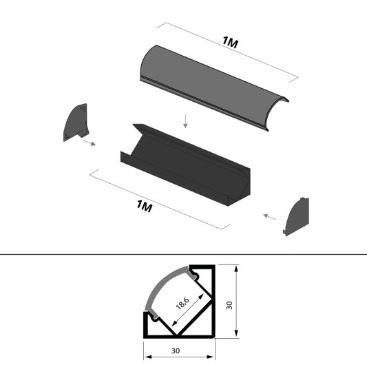 Aluminium ledstrip hoekprofiel zwart 1M breed - Compleet met afdekkap