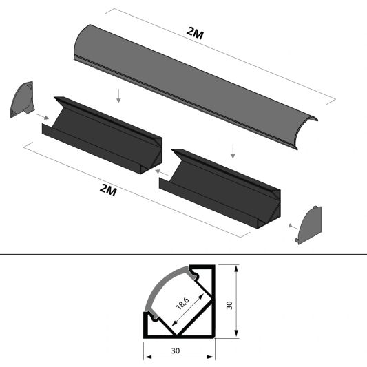 Aluminium ledstrip hoekprofiel zwart 2M breed - Compleet met afdekkap