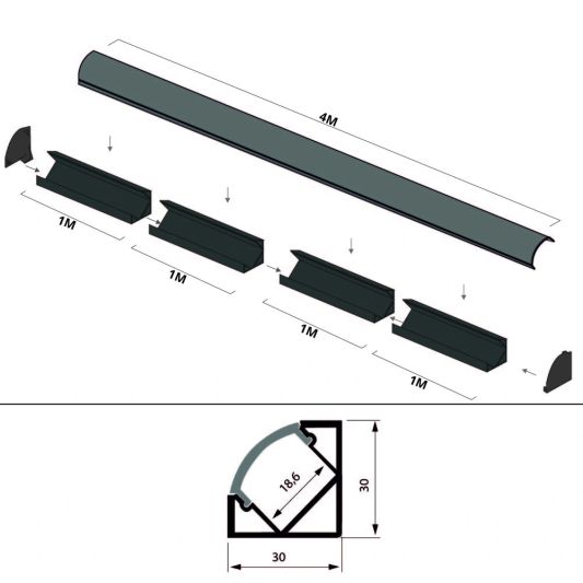 Aluminium ledstrip hoekprofiel zwart 4M breed - Compleet met afdekkap