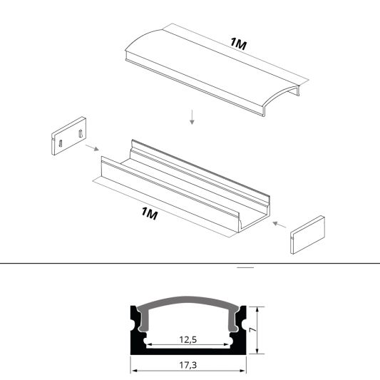 Aluminium ledstrip profiel opbouw 1M - 7 mm hoog - compleet met afdekkap