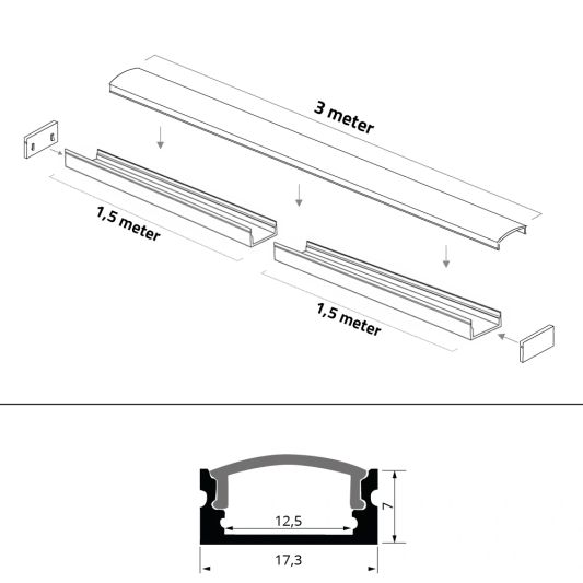 Aluminium ledstrip profiel opbouw 3M - 7 mm hoog - compleet met afdekkap