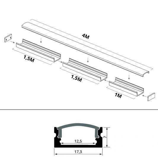 Aluminium ledstrip profiel opbouw 4M - 7 mm hoog - compleet met afdekkap