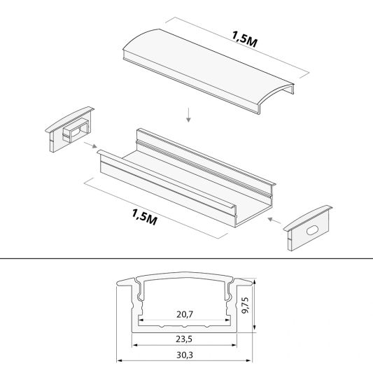 Aluminium ledstrip profiel wit inbouw 1,5M - breed en laag - compleet met afdekkap