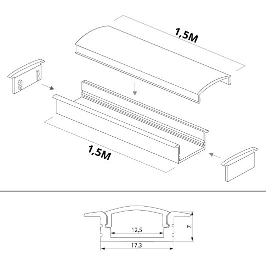 Aluminium ledstrip profiel wit inbouw 1,5M Slim Line - 7 mm hoog - Compleet met afdekkap
