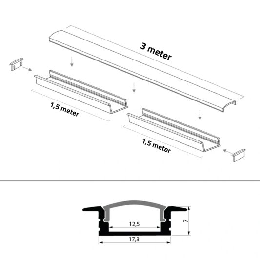 Aluminium ledstrip profiel wit inbouw 3M Slim Line - 7 mm hoog - Compleet met afdekkap
