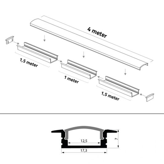 Aluminium ledstrip profiel wit inbouw 4M Slim Line - 7 mm hoog - Compleet met afdekkap