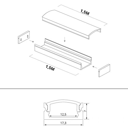 Aluminium ledstrip profiel wit opbouw 1,5M - 7 mm hoog - compleet met afdekkap