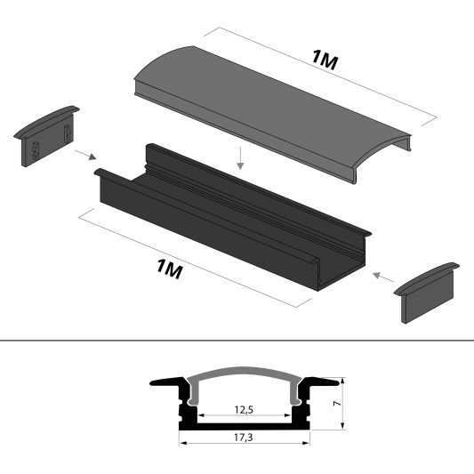 Aluminium ledstrip profiel zwart inbouw 1M Slim Line - 7 mm hoog - Compleet met afdekkap