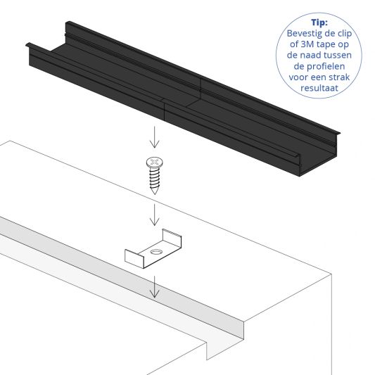Aluminium ledstrip profiel zwart inbouw 3M - breed en laag - compleet met afdekkap