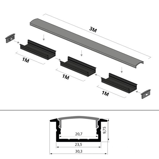Aluminium ledstrip profiel zwart inbouw 3M - breed en laag - compleet met afdekkap