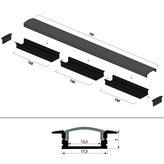 Aluminium ledstrip profiel zwart inbouw 3M Slim Line - 7 mm hoog - Compleet met afdekkap