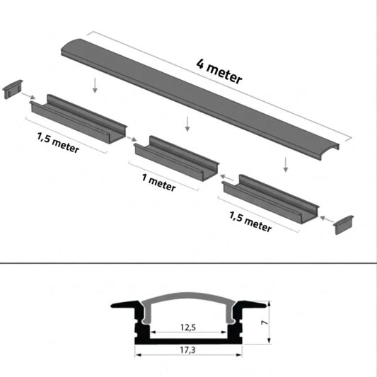 Aluminium ledstrip profiel zwart inbouw 4M Slim Line - 7 mm hoog - Compleet met afdekkap