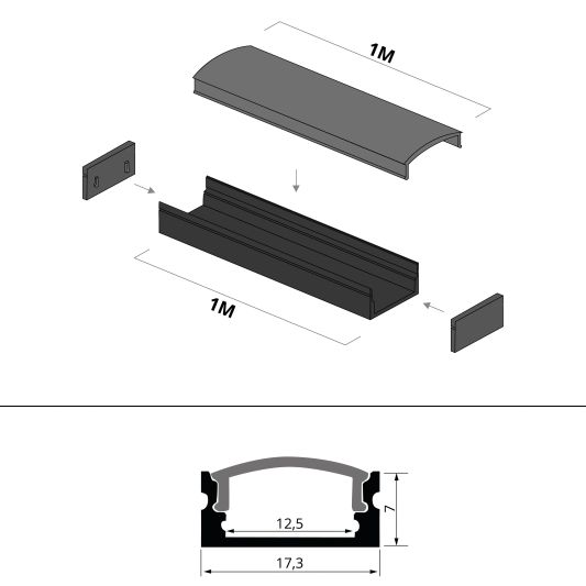 Aluminium ledstrip profiel zwart opbouw 1M - 7 mm hoog - compleet met afdekkap