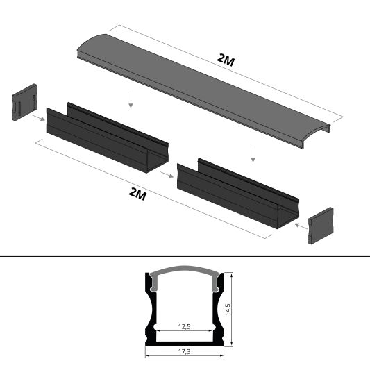 Aluminium ledstrip profiel zwart opbouw 2M - 15 mm hoog - compleet met afdekkap