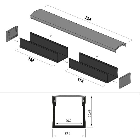 Aluminium ledstrip profiel zwart opbouw 2M - breed en hoog - compleet met afdekkap