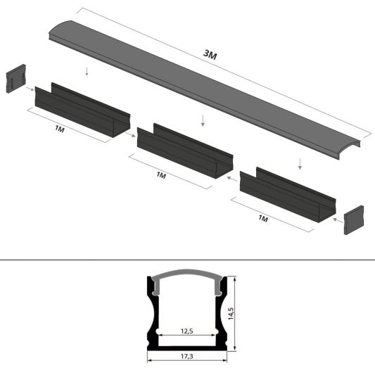 Aluminium ledstrip profiel zwart opbouw 3M - 15 mm hoog - compleet met afdekkap