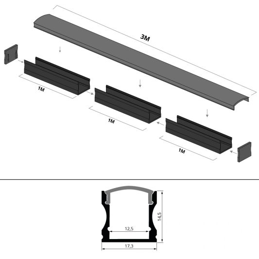 Aluminium ledstrip profiel zwart opbouw 3M - 15 mm hoog - compleet met afdekkap