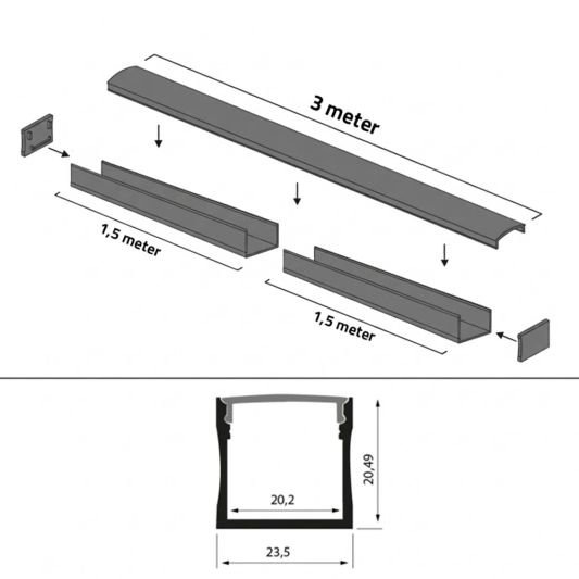Aluminium ledstrip profiel zwart opbouw 3M - breed en hoog - compleet met afdekkap