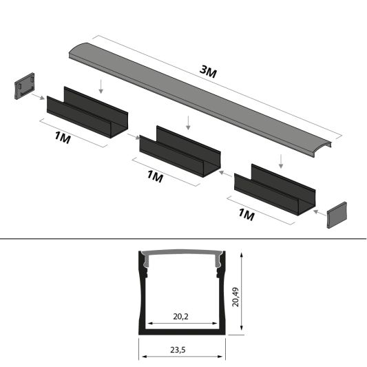 Aluminium ledstrip profiel zwart opbouw 3M - breed en hoog - compleet met afdekkap