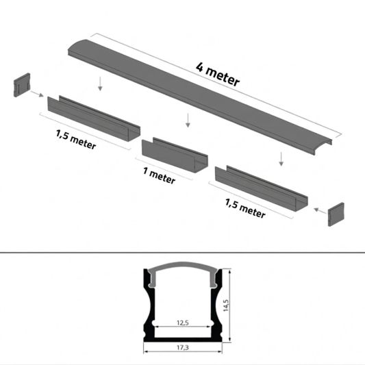 Aluminium ledstrip profiel zwart opbouw 4M - 15 mm hoog - compleet met afdekkap