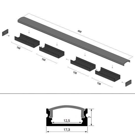 Aluminium ledstrip profiel zwart opbouw 4M - 7 mm hoog - compleet met afdekkap