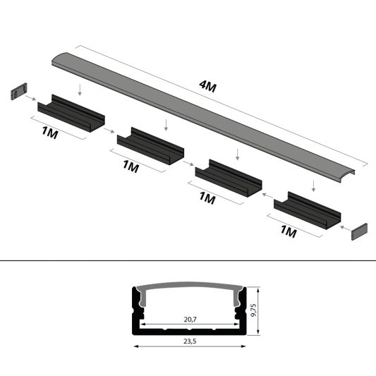 Aluminium ledstrip profiel zwart opbouw 4M - breed en laag - compleet met afdekkap