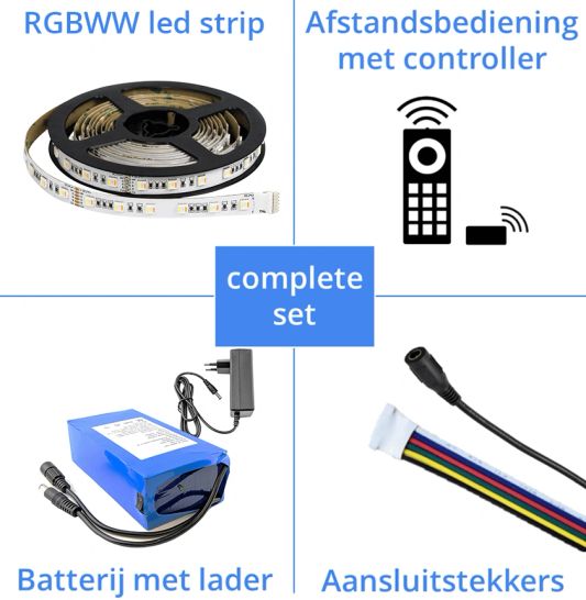 Led strip op batterij RGBWW Premium complete set 5 meter
