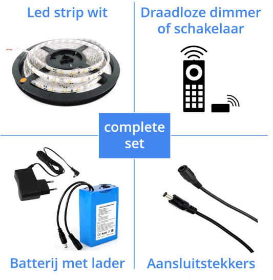 Led strip op batterij Warm wit, Helder wit of Koud wit complete set 5 meter