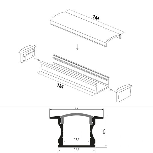 Led strip profiel inbouw Hoog model - compleet met afdekkap 1,5 meter 15mm hoog