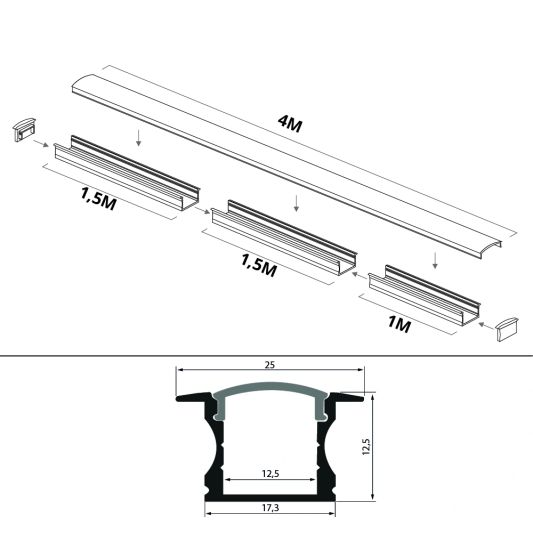 Led strip profiel inbouw Hoog model - compleet met afdekkap 15 mm hoog