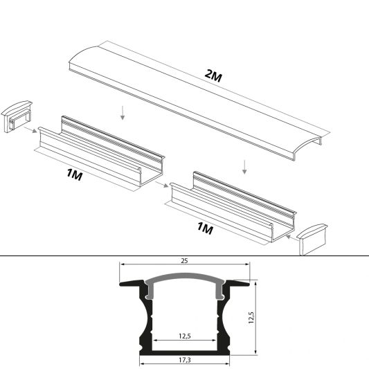Led strip profiel inbouw Hoog model - compleet met afdekkap 2 meter 15 mm hoog