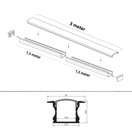 Led strip profiel inbouw Hoog model - compleet met afdekkap 3 meter 15 mm hoog