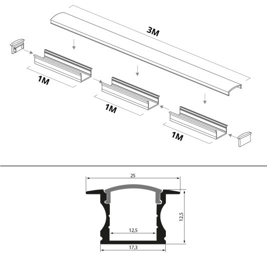 Led strip profiel inbouw Hoog model - compleet met afdekkap 3 meter 15 mm hoog