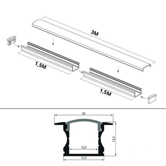 Led strip profiel inbouw Laag model - compleet inclusief afdekkap 3 meter 7 mm