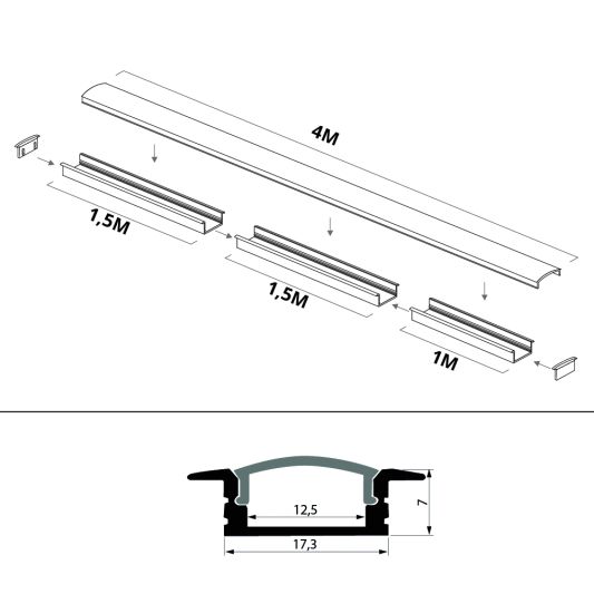 Led strip profiel inbouw Laag model - compleet inclusief afdekkap 4 meter 7 mm