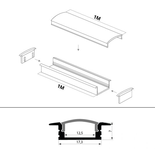 Led strip profiel inbouw Laag model - compleet met afdekkap 1,5 meter 7 mm hoog