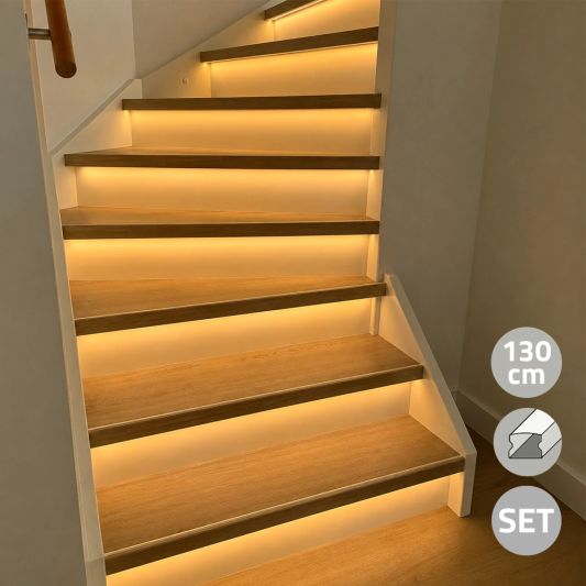 Led trapverlichting set Premium - Led strip set met profiel - Warm wit 130 cm