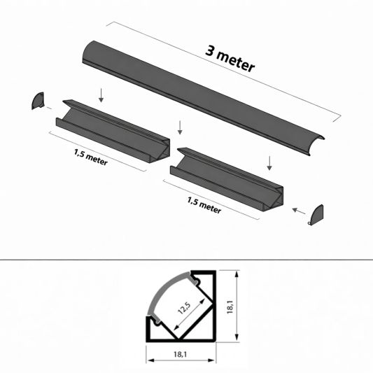 Ledstrip hoekprofiel zwart - Slim line - compleet inclusief afdekkap 3 meter