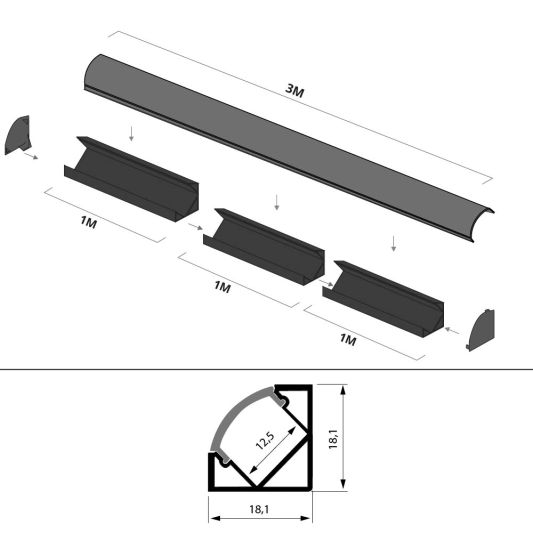 Ledstrip hoekprofiel zwart - Slim line - compleet inclusief afdekkap 3 meter