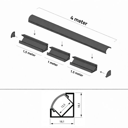 Ledstrip hoekprofiel zwart - Slim line - compleet inclusief afdekkap 4 meter