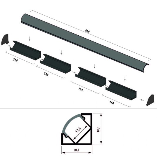 Ledstrip hoekprofiel zwart - Slim line - compleet inclusief afdekkap 4 meter