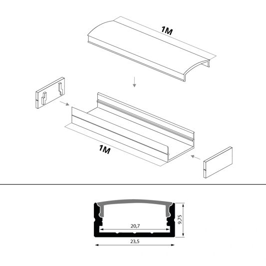Ledstrip profiel breed opbouw Laag model - compleet met afdekkap 1,5 meter