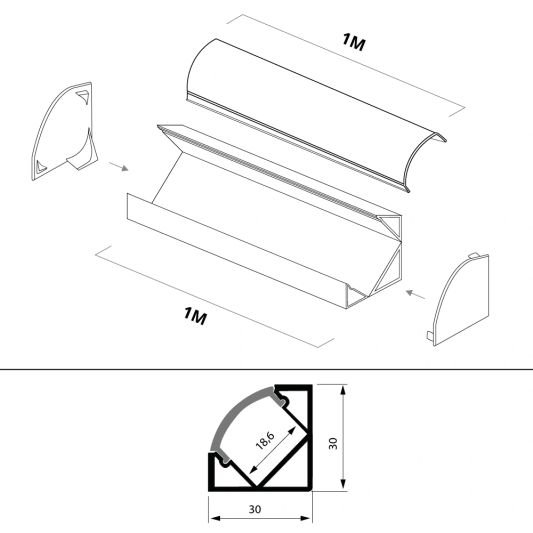 Ledstrip profiel hoek Basic line - compleet inclusief afdekkap 1 meter
