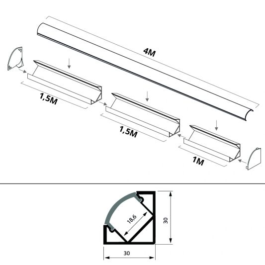 Ledstrip profiel hoek Basic line - compleet inclusief afdekkap 4 meter