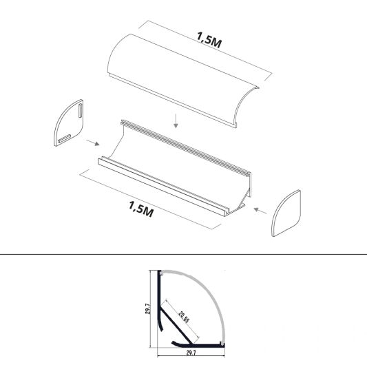 Ledstrip profiel hoek Breed rond model compleet inclusief afdekkap 1,5M