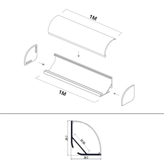 Ledstrip profiel hoek Breed rond model compleet inclusief afdekkap 1M