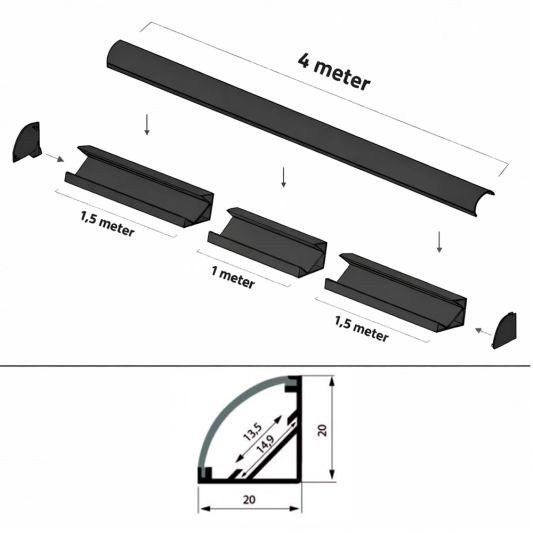 Ledstrip profiel hoek in zwart - Slim line - compleet inclusief afdekkap 4 meter