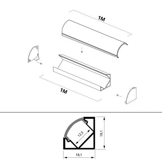 Ledstrip profiel hoek Slim line - compleet inclusief afdekkap 1,5 meter
