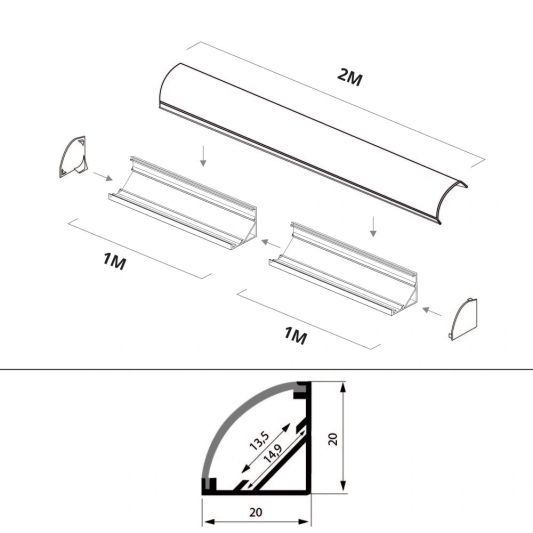 Ledstrip profiel hoek Slim line rond - compleet met afdekkap 2 meter